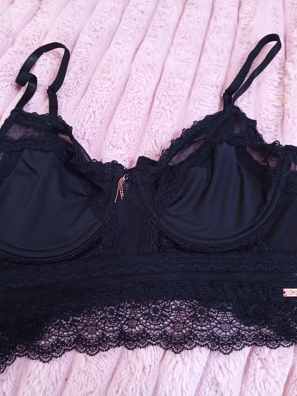 Rachel Black Lace Longline Bralette with Rose Gold Charm